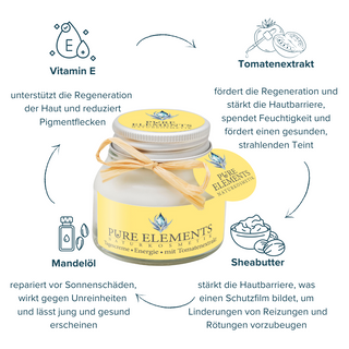 Tagescreme Energie mit Tomatenextrakt von Pure Elements im 50 ml Tiegel – mit Tomatenextrakt, Vitamin E, Mandelöl und Sheabutter, glutenfrei, mit echten Bergkristallen, vegan, BDIH-zertifiziert, nicht an Tieren getestet, Made in Germany
