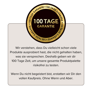 100 Tage Geld-zurück-Garantie Logo mit Text zur risikofreien Produktprobe – volle Rückerstattung bei Nichtgefallen, Pure Elements.