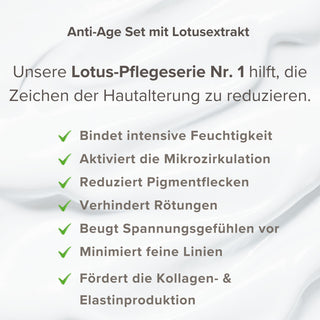 Anti-Aging Set mit Lotusextrakt von Pure Elements – unsere Lotuspflegeserie Nr. 1 hilft, die Zeichen der Hautalterung zu reduzieren. Das Bild nennt Vorteile wie intensive Feuchtigkeitsbindung, Aktivierung der Mikrozirkulation, Reduktion von Pigmentflecken und Rötungen, Vorbeugung von Spannungsgefühlen, Minimierung feiner Linien sowie Förderung der Kollagen- und Elastinproduktion. Vegan, glutenfrei, mit echten Bergkristallen, tierversuchsfrei, BDIH-zertifiziert, Made in Germany