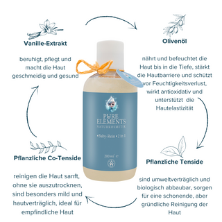 Baby-Rein 2 in 1 von Pure Elements im 200 ml Flasche – mit Vanille-Extrat, Olivenöl, Pflanzliche Co-Tenside und Pflanzliche Tenside, glutenfrei, vegan, BDIH-zertifiziert, nicht an Tieren getestet, Made in Germany