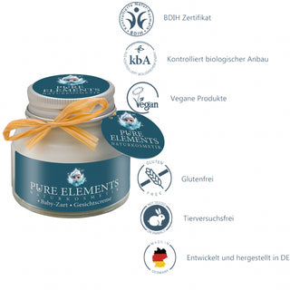 Baby-Zart Gesichtscreme von Pure Elements auf der linken Seite des Bildes. Rechts daneben sind sechs Piktogramme mit Logos und Beschreibungen: BDIH-zertifiziert, kontrolliert biologischer Anbau, vegane Produkte, glutenfrei, tierversuchsfrei und entwickelt sowie hergestellt in Deutschland. 