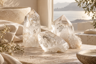 Drei klare Bergkristalle auf hellem Naturstein im sanften Morgenlicht – elegante, ruhige Naturkosmetik-Atmosphäre.