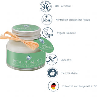 Gesichtsmaske Energie mit Arganöl von Pure Elements auf der linken Seite des Bildes. Rechts daneben sind sechs Piktogramme mit Logos und Beschreibungen: BDIH-zertifiziert, kontrolliert biologischer Anbau, vegane Produkte, glutenfrei, tierversuchsfrei und entwickelt sowie hergestellt in Deutschland. 