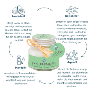 Gesichtspeeling Energie mit Reis von Pure Elements im 50 ml Tiegel – mit Avocadoöl, Reiskörner, Mandelöl und Arganöl, glutenfrei, mit echten Bergkristallen, vegan, BDIH-zertifiziert, nicht an Tieren getestet, Made in Germany