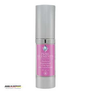 Hyaluron Augencreme Anti Age mit Lotusextrakt von Pure Elements – Produktaufnahme auf weißem Hintergrund. Die 15 ml Spendercreme bietet intensive Pflege gegen feine Linien, Augenschatten und Trockenheit. Vegane Naturkosmetik mit echten Bergkristallen, BDIH-zertifiziert, glutenfrei, tierversuchsfrei und Made in Germany