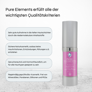 Hyaluron Augencreme Anti Age mit Lotusextrakt von Pure Elements – das Produkt ist rechts im Bild dargestellt. Auf der linken Seite steht der Text „Pure Elements erfüllt alle der wichtigsten Qualitätskriterien“ mit den Punkten: sehr gute Aufnahme in die tiefen Hautschichten, sichere Naturkosmetik, geruchsneutral und regelmäßig geprüft. Vegane Naturkosmetik mit echten Bergkristallen, glutenfrei, BDIH-zertifiziert, tierversuchsfrei und Made in Germany