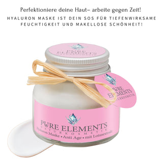 Hyaluron Maske Anti Age mit Lotusextrakt von Pure Elements im 50 ml Tiegel – vegan, glutenfrei, BDIH-zertifiziert, Naturkosmetik Made in Deutschland, mit Slogan: Perfektioniere deine Haut- arbeite gegen Zeit