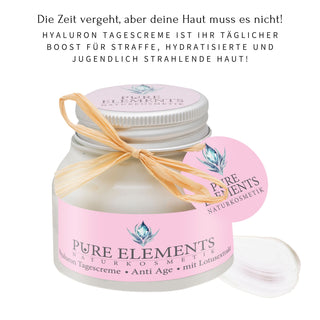 Hyaluron Tagescreme Anti Age mit Lotusextrakt von Pure Elements im 50 ml Tiegel – vegan, glutenfrei, BDIH-zertifiziert, Naturkosmetik Made in Deutschland, mit Slogan: Die Zeit vergeht, aber deine Haut muss es nicht