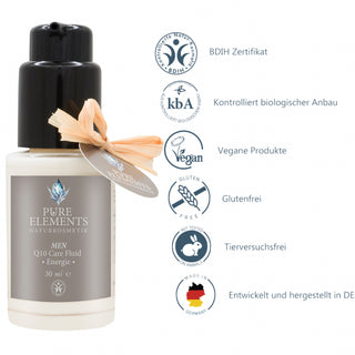 MEN Q10 Care Fluid Energie von Pure Elements auf der linken Seite des Bildes. Rechts daneben sind sechs Piktogramme mit Logos und Beschreibungen: BDIH-zertifiziert, kontrolliert biologischer Anbau, vegane Produkte, glutenfrei, tierversuchsfrei und entwickelt sowie hergestellt in Deutschland. 