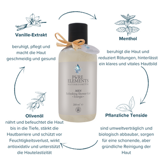 MEN Refreshing Shower Gel Energie von Pure Elements im 200 ml Flasche – mit Vanille-Extrakt, Menthol, Olivenöl und Pflanzliche Tenside, glutenfrei, mit echten Bergkristallen, vegan, BDIH-zertifiziert, nicht an Tieren getestet, Made in Germany