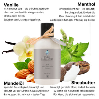 Das Bild zeigt den MEN After Shave Balm Energie von Pure Elements zusammen mit seinen Inhaltsstoffen und deren Vorteilen: Vanille beruhigt die Haut, Menthol wirkt kühlend und erfrischend, Mandelöl pflegt intensiv und Sheabutter schützt vor Feuchtigkeitsverlust. Die vegane Naturkosmetik ist glutenfrei, BDIH-zertifiziert, enthält echte Bergkristalle, ist tierversuchsfrei und Made in Germany