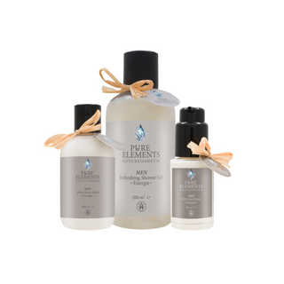Pure Elements Herrenpflege-Serie mit weißem Hintergrund: MEN After Shave Balm Energie, MEN Refreshing Shower Gel Energie und MEN Q10 Care Fluid Energie. Pflegelinie speziell für Männerhaut – mit natürlichen Inhaltsstoffen, energetischer Wirkung und echter Kristallkraft.
