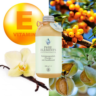 Reinigungsmilch Energie mit Sanddornöl von Pure Elements in der Mitte des Bildes, umgeben von vier hervorgehobenen Inhaltsstoffen im Hintergrund: Vitamin E, Sanddorn, Vanille und Mandelöl. Die vegane Naturkosmetik ist BDIH-zertifiziert, glutenfrei, tierversuchsfrei und enthält echte Bergkristalle.