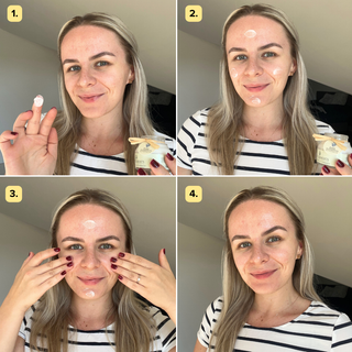 Die Anwendung der Pure Elements Tagescreme Energie mit Tomatenextrakt wird in vier Schritten gezeigt – aufgeteilt in vier Bildabschnitte mit derselben Frau. Die Aufnahmen zeigen, wie die Creme gleichmäßig aufgetragen, sanft eingearbeitet und abschließend präsentiert wird. Das Tutorial vermittelt die richtige Pflegeroutine für strahlende, geschützte Haut. Vegane Naturkosmetik mit echten Bergkristallen, glutenfrei, tierversuchsfrei, BDIH-zertifiziert und Made in Germany