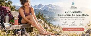 Wenn_deine_Beine_eine_Pflegepause_verdienen_Frau gönnt ihren Beinen nach einer Wanderung eine Pause mit Pure Elements Fuß- und Beingel