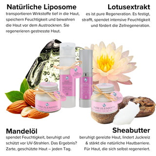 Anti-Aging Set von Pure Elements mit vier Produkten: Hyaluron Maske, Tagescreme, Serum und Augencreme – alle mit Lotusextrakt. Das Bild hebt wichtige Inhaltsstoffe hervor: natürliche Liposome, Lotusextrakt, Mandelöl und Sheabutter. Die Produkte sind vegan, glutenfrei, BDIH-zertifiziert, mit echten Bergkristallen, tierversuchsfrei und Made in Germany
