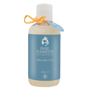 Baby Naturkosmetik Duschgel und Shampoo 2 in 1 – Schonende Reinigung für Babys und Kleinkinder. Sanfte Pflege für empfindliche Babyhaut und Haare. Vegane und natürliche Babypflege von Pure Elements. Dermatologisch getestete Babypflege ohne Parabene. Sanfte Reinigung für zarte Babyhaut